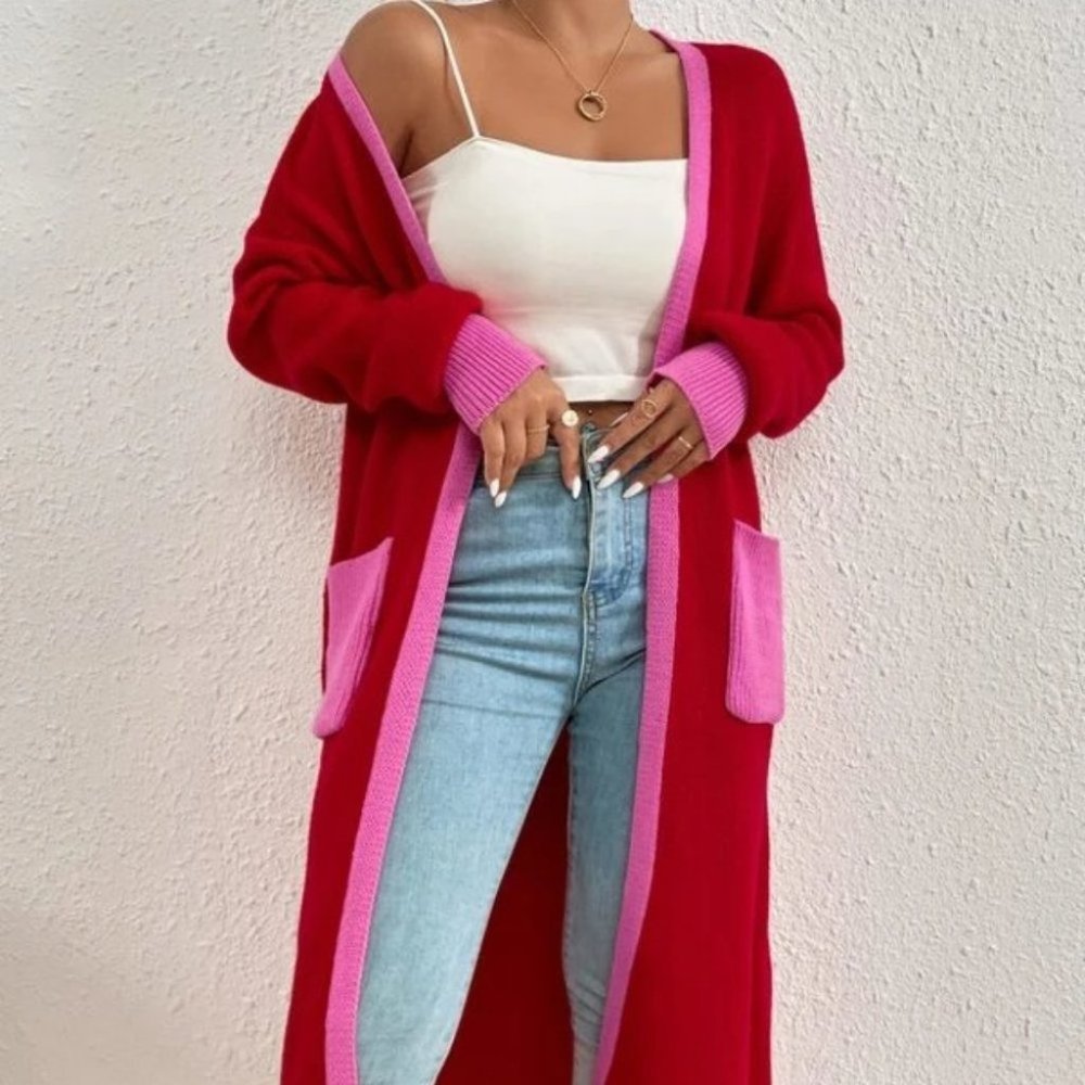 knit Open Front Colorblock Pocketed Cardigan Pink Red - Picture 3 of 10